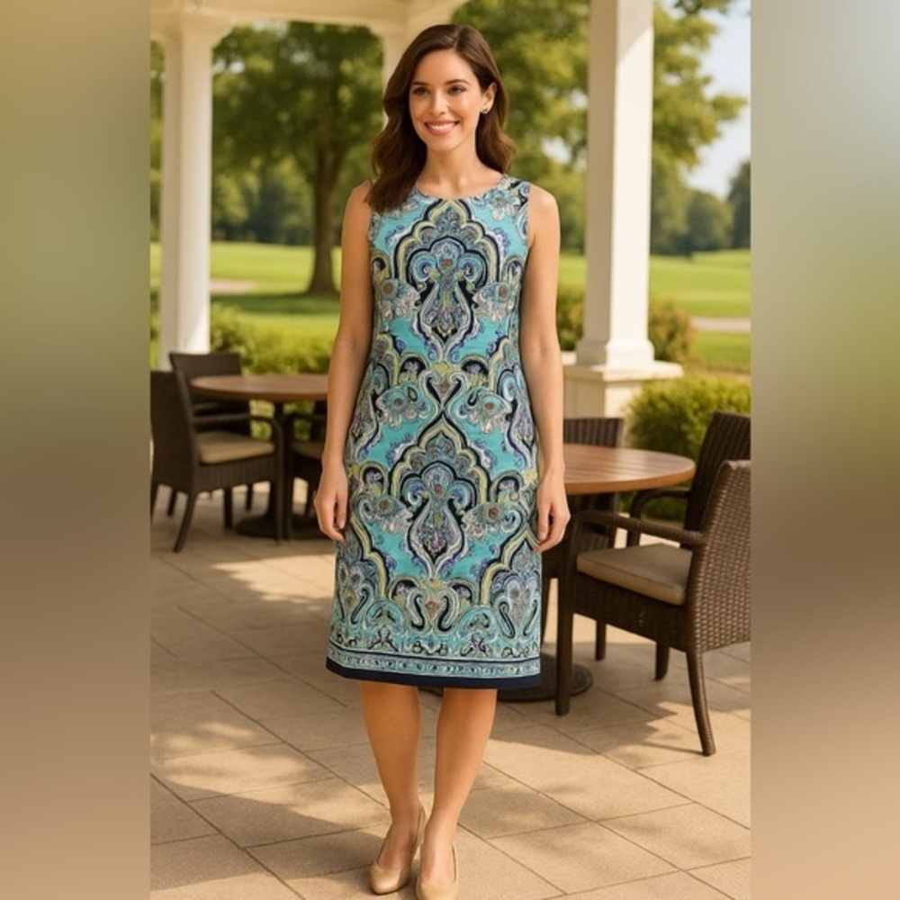 Sleeveless Turquoise Paisley Dress | Classic Shift Charter Club EUC L #2447